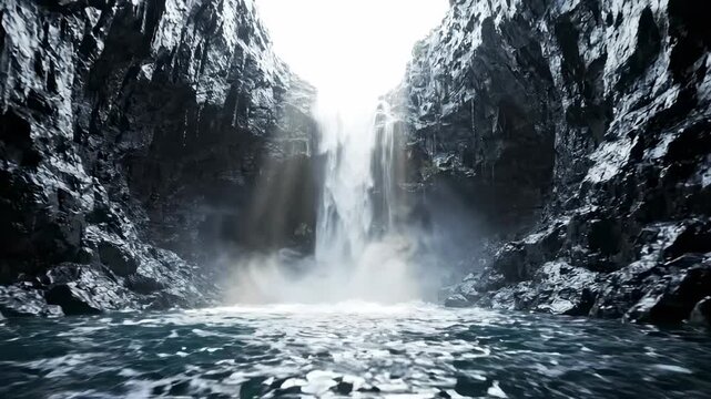 majestic waterfall cascading down rocky cliff into pool, dramatic light rays piercing cavern, ethereal mist, natural wonder, wilderness exploration, serene landscape, tranquil atmosphere