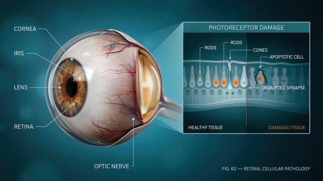 Medical illustration of human eye anatomy showing photoreceptor damage and retinal cellular pathology transparent background