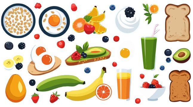 Seamless pattern vector of healthy breakfast featuring avocado toast, fried egg, banana, and orange juice