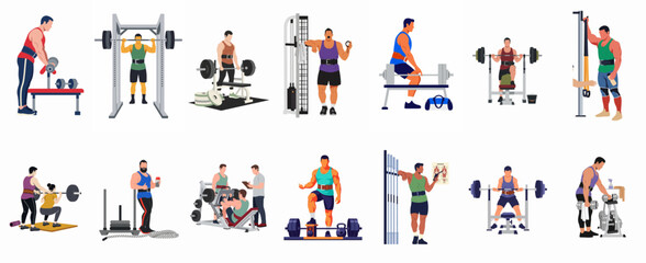 Fototapeta premium Flat Vector Illustrations Set of Men Training and Bodybuilding with Various Gym Equipment and Weights on White Background
