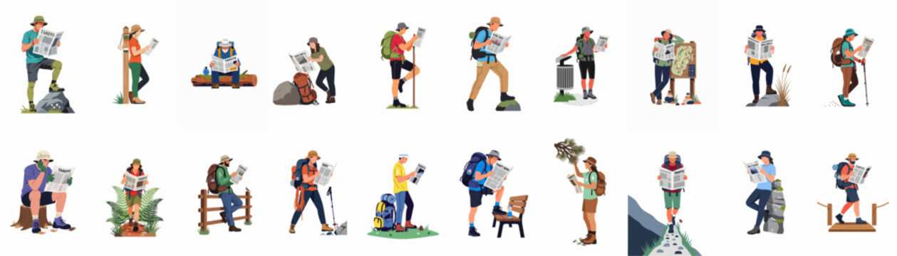 Diverse collection of hikers and outdoor enthusiasts reading newspapers with Tariffs headlines while exploring various nature settings and hiking trails.