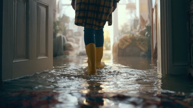 Child wearing yellow rain boots walking through a flooded home hallway with water covering the floor during indoor flooding and water damage emergency