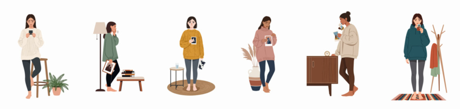 Flat vector illustrations of sad young women grieving, holding photographs, and feeling lonely or heartbroken in various home settings.