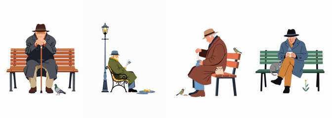 Set of flat vector illustrations featuring elderly men sitting on park benches, engaging in peaceful activities like reading, feeding birds, and relaxing. © Hiroshi