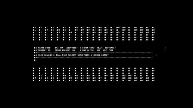 Real-time biometric data feed displaying medical diagnostic logs, DNA mapping, and nanite statuses. Perfect screen graphic for cyberpunk sequences and medical technology previews.