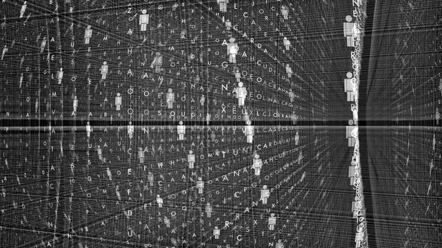Concept graphic visualizing prisoners of social networks trapped in a digital cube matrix of metadata tracking, user profile harvesting, and abstract alpha-numeric data streams