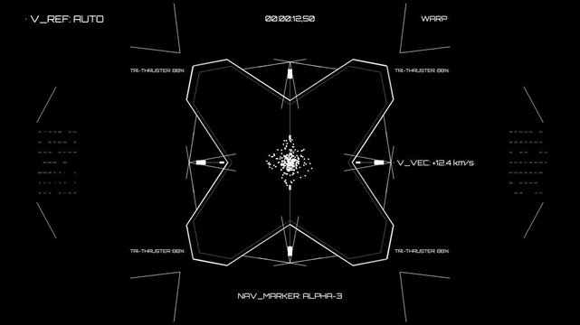 Futuristic user interface mapping spacecraft navigation and thruster status parameters, featuring velocity vector metrics and clean warp core propulsion diagnostic graphics.