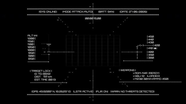 Minimalist vector tactical targeting display featuring altitude reads, weapon loadouts, and real-time flight telemetry. Perfect asset for simulation sequences and combat video games.