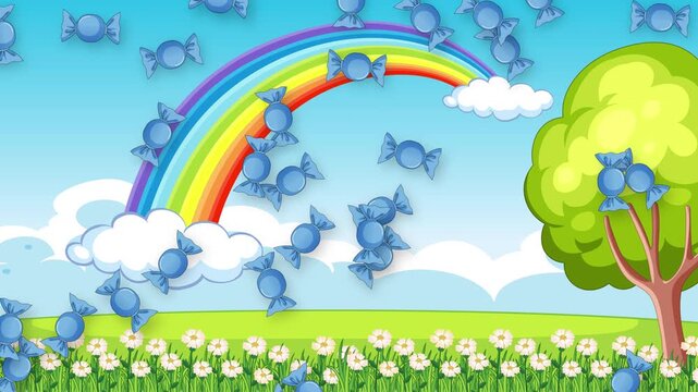 Cartoon Blue Wrapped Candies Falling Over Rainbow and Meadow Background