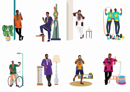 Vector illustration set of young African men wearing traditional dashikis and kaftans, taking selfies and using mobile phones in various lifestyle scenarios.