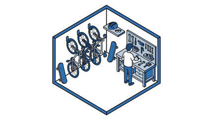 Isometric illustration of man in bicycle and skateboard repair workshop © reni