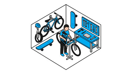 Isometric Illustration of Man Repairing Bicycle in Home Workshop © reni