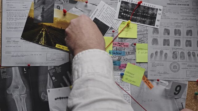 Detective carefully threads red string across evidence on an investigation wall, visualizing relationships between clues in a tense forensic and criminal investigation scene.