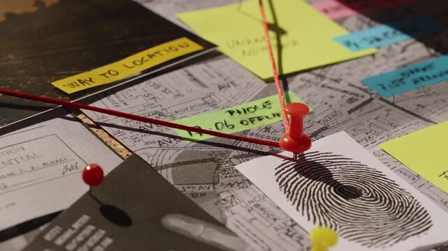 Detective connects evidence with red string to establish a timeline on a crime board, creating a tense investigative scene suited for crime dramas, documentaries, and mystery content.