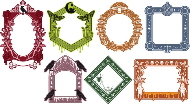 Halloween gothic witchcraft frame with raven, moth, mushroom, celestial and mandrake root border set illustration