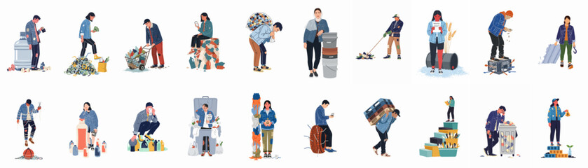 Obraz premium Set of diverse characters struggling with waste, plastic pollution, and the environmental consequences of modern consumerism.