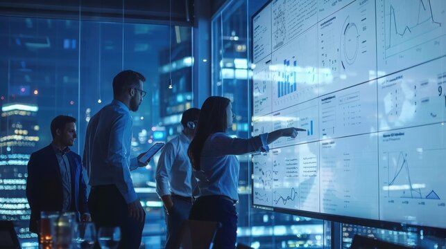 Business professionals analyze complex financial data displayed on a large interactive wall screen in a modern office at night.