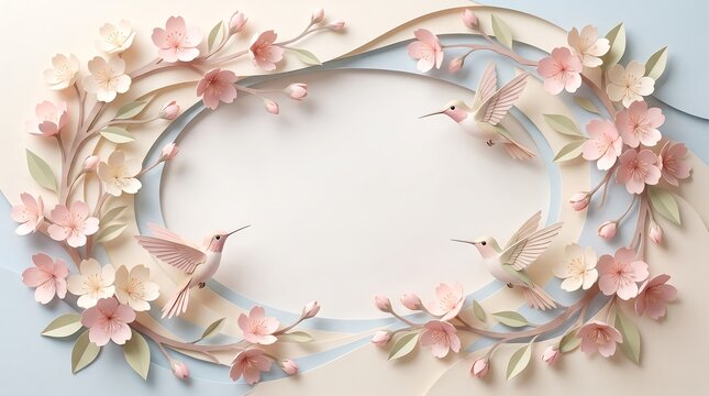 3D papercut spring frame with cherry blossoms and hummingbirds