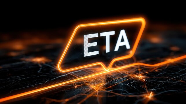 A glowing orange digital speech bubble displays "ETA" over a dark, illuminated grid with network-like lines and nodes.