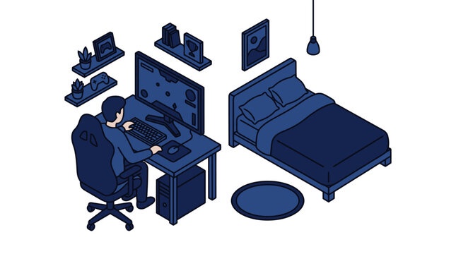 Isometric Illustration of a Gamer Playing Video Games in Bedroom
