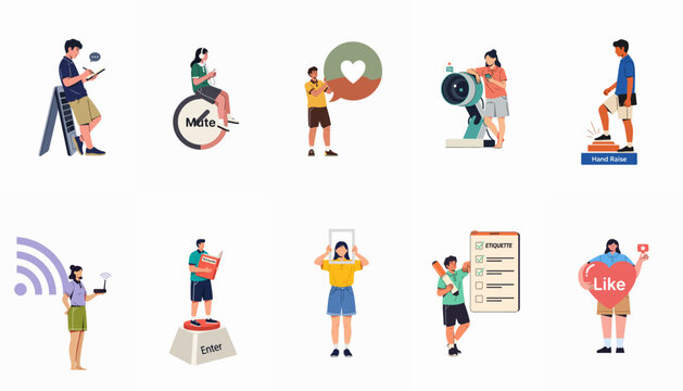 Flat illustration set depicting various digital etiquette and netiquette concepts for responsible online social media communication and internet behavior.