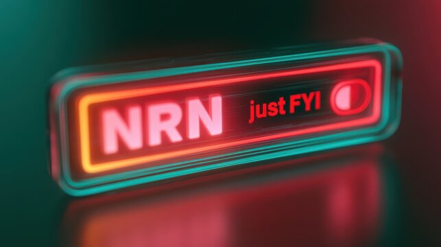 A neon-style digital badge displays "NRN just FYI" with a glowing toggle switch in a sleek, futuristic design on a dark background.