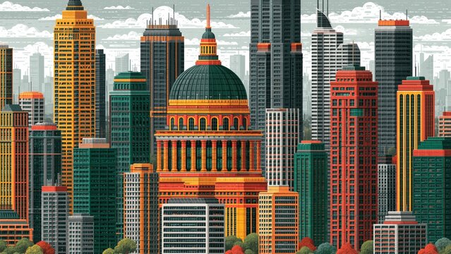 Dense skyline of colorful tall geometric skyscrapers and classic domed building.