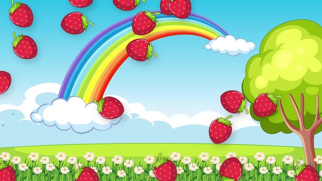Cartoon Strawberries Falling Over Rainbow Landscape Background Animation