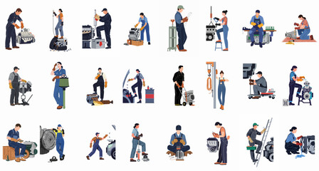 Fototapeta premium Set of professional male and female mechanics repairing car engines and industrial machinery, diverse industrial workers flat vector illustrations on white background.