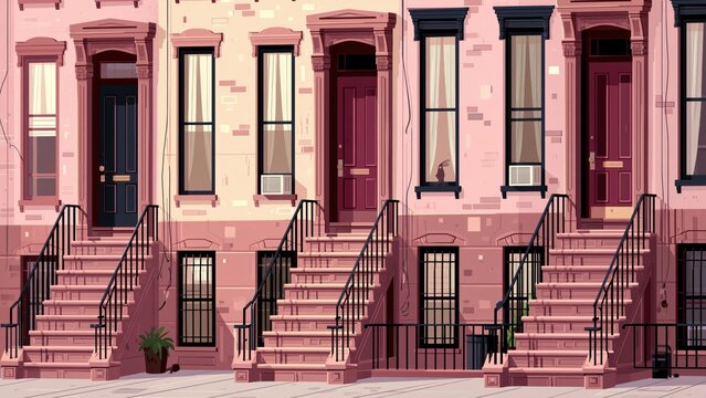 Facade of three pink and brown rowhouses with classic iron stairs.