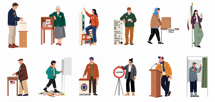 Flat vector illustrations of diverse people participating in democratic voting processes, including casting ballots, campaign activities, and poll volunteering on a white background.