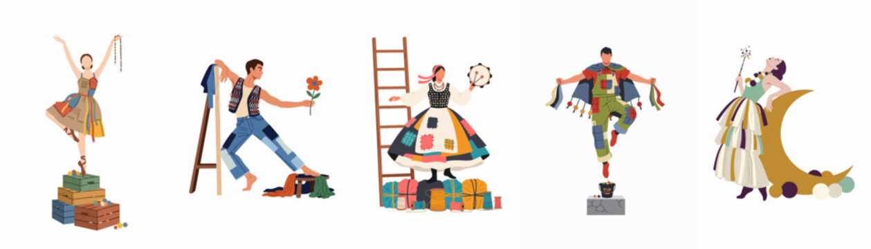 Set of diverse theatrical characters in colorful patchwork costumes performing various artistic acts for entertainment and cultural representation.