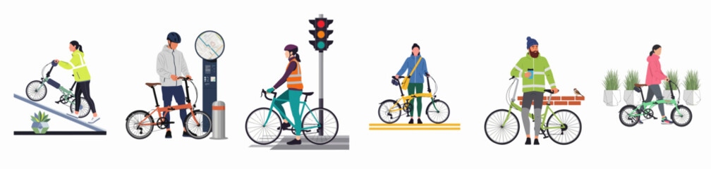 Fototapeta premium Set of flat vector illustrations showing diverse people commuting in the city with folding and road bicycles, promoting sustainable and healthy urban mobility.