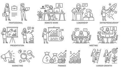 Obraz premium Business woman icons set. Professional female career and office work line art illustrations.