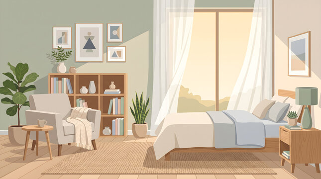 Cozy Modern Bedroom Interior Illustration with Armchair and Big Window