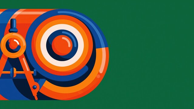 Abstract geometric composition of drafting compass cutting circles in orange and blue.