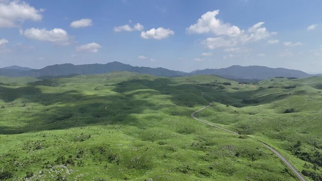 Aerial View of Akiyoshidai Karst Plateau in Yamaguchi Japan, 4K Summer Landscape with Copy Space 04