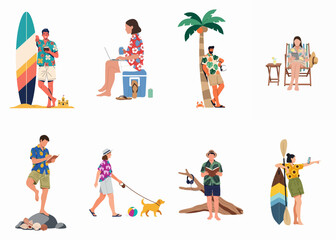 Fototapeta premium Collection of flat vector illustrations featuring diverse people in tropical attire participating in various summer beach activities, from surfing to remote working.