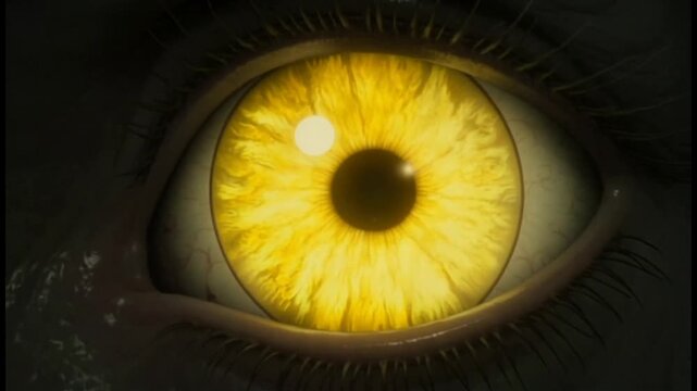 glowing yellow eyes staring from complete darkness hovering center