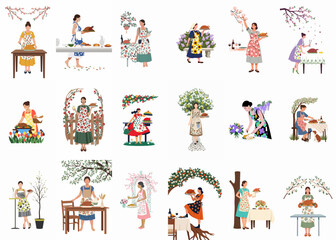 Fototapeta premium A diverse collection of illustrations featuring women in floral aprons preparing and serving food in beautiful garden settings during spring and summer.
