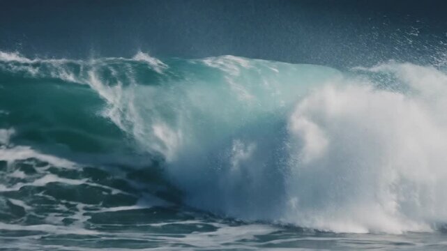 Crashing ocean wave with white foam and spray, deep teal water, turquoise crest, capturing the raw power and beauty of the sea