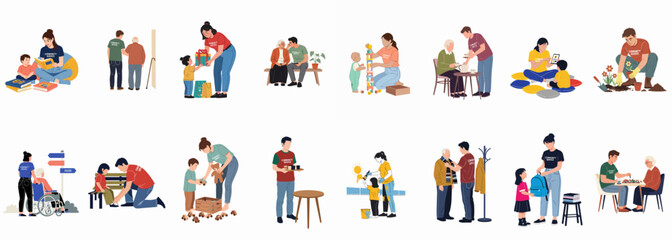 Fototapeta premium Diverse collection of community service activities featuring volunteers helping elderly, teaching children, gardening, and providing social support for community welfare and unity.