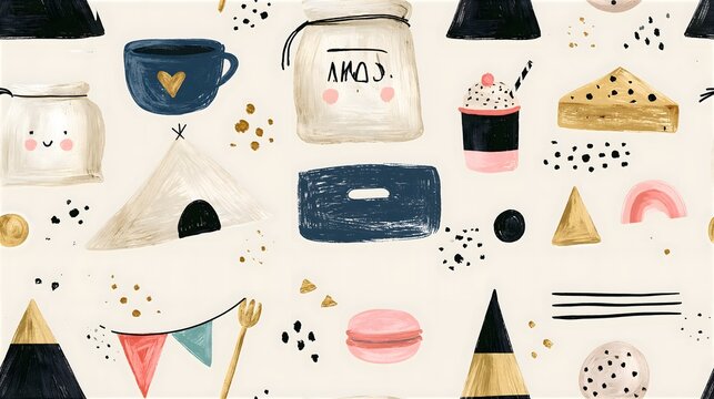 Cute hand drawn seamless pattern for kids with sweets and accessories watercolor lifestyle seamless background illustration children wallpaper triangle creative colorful celebration