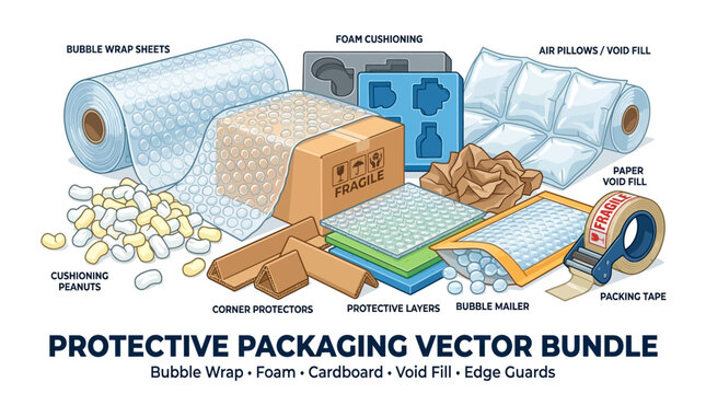 Various protective packaging materials laid out on a surface for shipping.