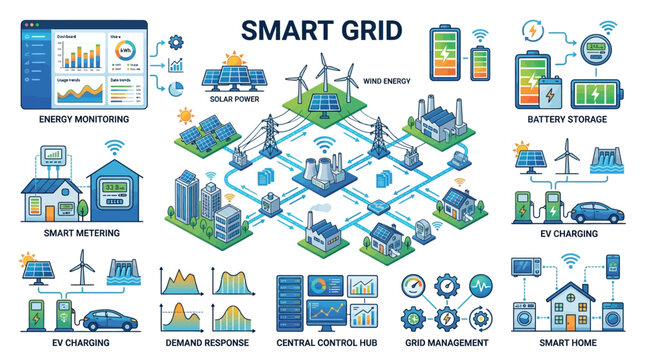 The smart grid system efficiently distributes renewable energy to homes and businesses.