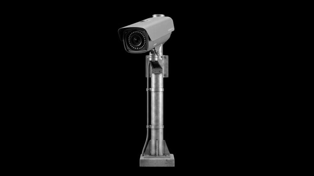 A detailed 3D model of a sleek white modern surveillance CCTV bullet camera mounted on a wall bracket, rotating slowly against a solid black backdrop. Ideal for security system promos, smart home moni