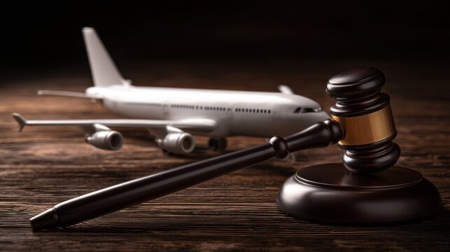 Wooden judge hammer and airplane model on dark wooden table symbolizing legal aviation regulation and law enforcement in transport industry concept