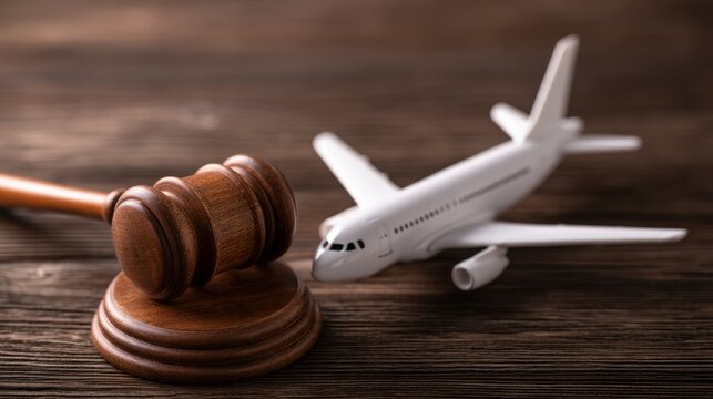 Legal gavel and miniature airplane model on wooden table representing aviation law regulation and air travel legal issues concept in closeup view