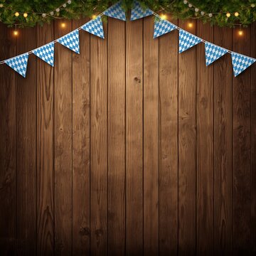 Oktoberfest bunting flags on rustic wood background with oktoberfest