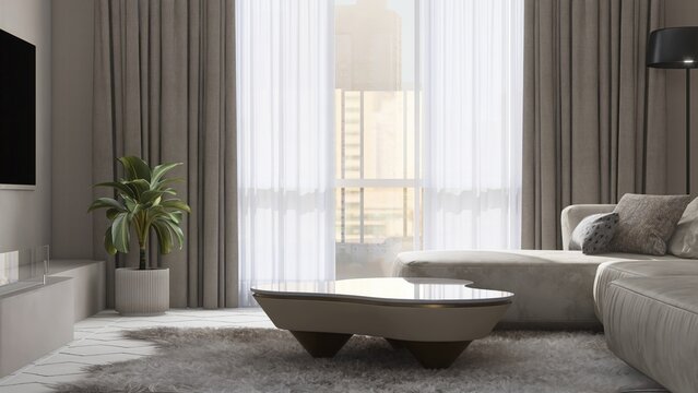 Modern, luxury, elegant living room with beige sofa, coffee table, tv on rug on white tile floor in sunlight from brown blackout curtain window for interior design decoration, product background 3D